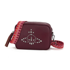 Wine studded crossbody bag with multi colour long straps - 0755