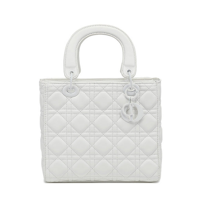 White leather look quilted top handle bags with long strap