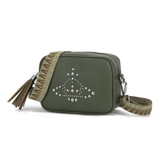 Green studded crossbody bag with multi colour long straps