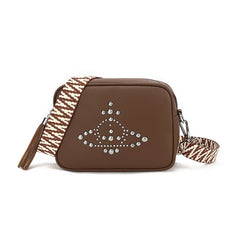 Taupe studded crossbody bag with multi colour long straps