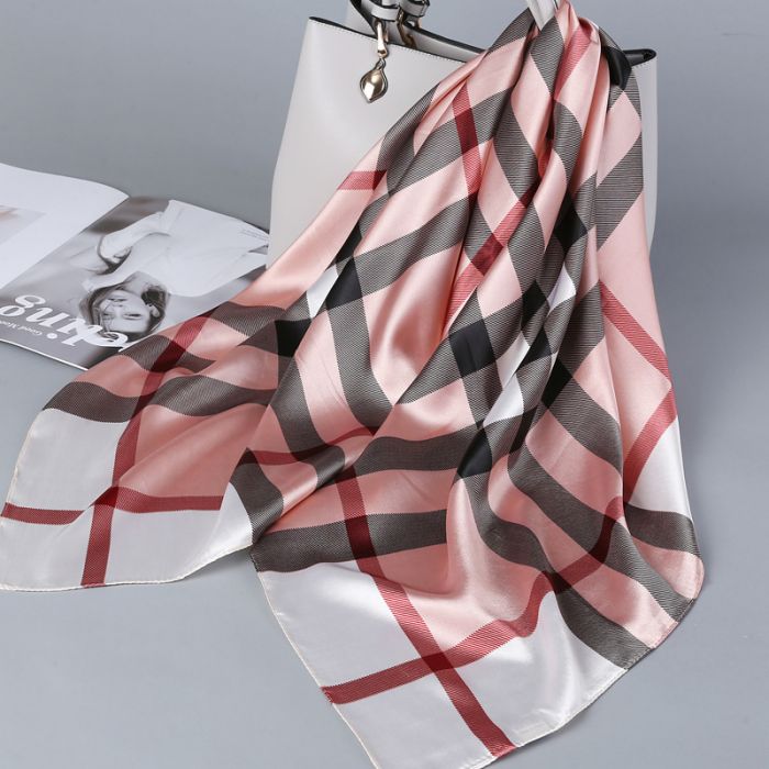 F749 Check print square silky neck scarf in Pink