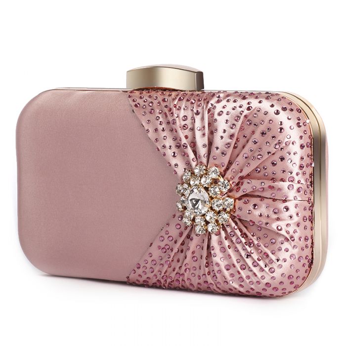 6651 crystal jewelled clutch bag with pleated satin bow in Pink