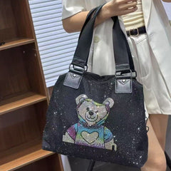 Elegant Black Rhinestone Handbag with Rainbow Teddy Bear 59873
