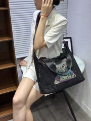 Elegant Black Rhinestone Handbag with Rainbow Teddy Bear 59873
