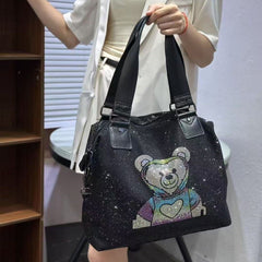 Elegant Black Rhinestone Handbag with Rainbow Teddy Bear 59873
