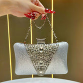 Crystals Details Evening Bag with Chain Handle sliver