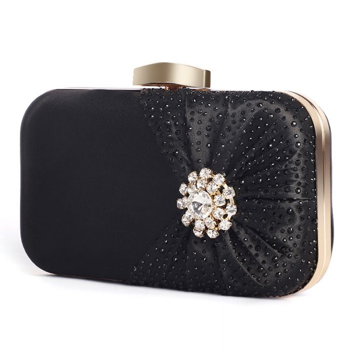 crystal jewelled clutch bag with pleated satin bow in Black