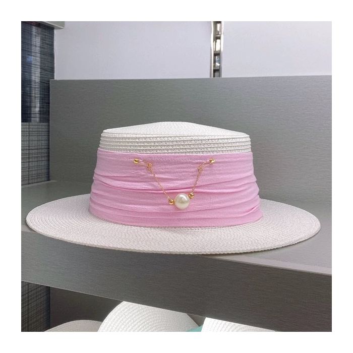 WA173 straw hat with Silk band and pearl detail in Turquoise