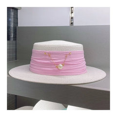 WA173 straw hat with Silk band and pearl chain detail in Black