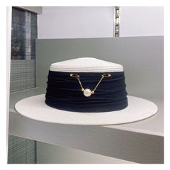 WA173 straw hat with Silk band and pearl chain detail in Black