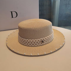 WA175 Straw beach hat with pearl band detail in Tan