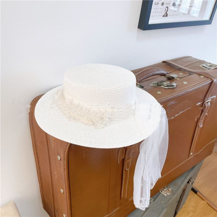 WA174 vintage White ribbon and beaded flowers straw hat in Black