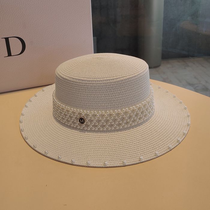 WA175 Straw beach hat with pearl band detail in Beige