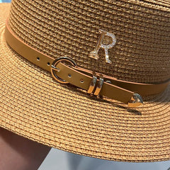 WA179 Letter R and strap straw hat in Taupe