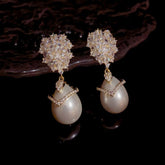 EUR405 Pearl and Diamond Cluster Drop Earrings in Gold
