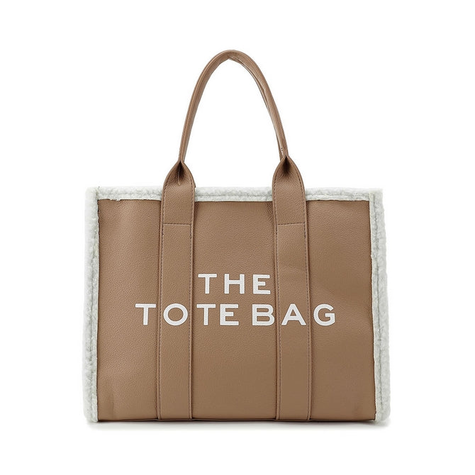 Taupe leather look tote bag with plush trim-0803 ( Large )