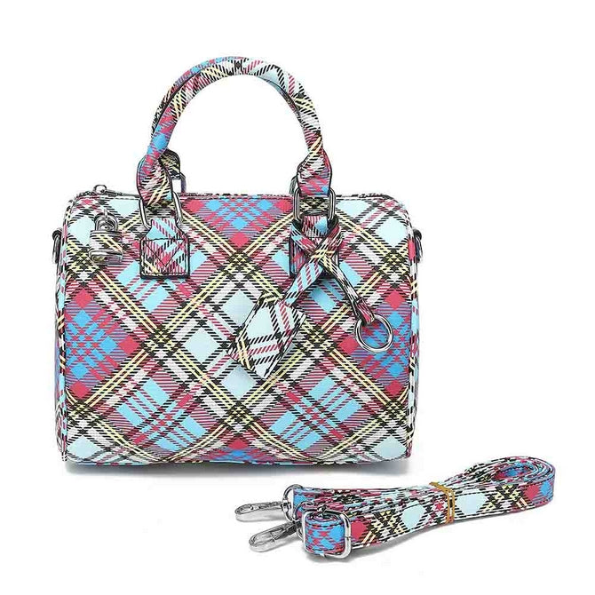 Multi New check print top handle bag with long strap - K465