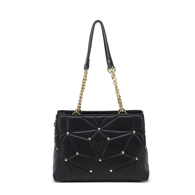 Black quilted studded tote bag with middle compartment - K7313