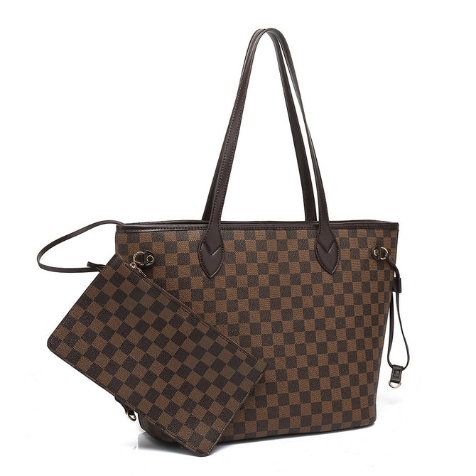Beige Check Neverfull Tote bag Red Lining With Clutch bag a set