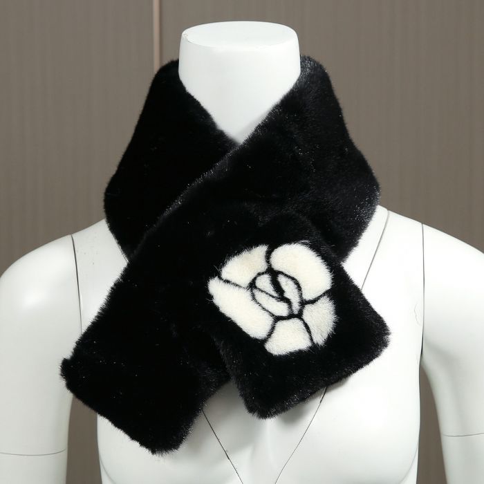 017 Camelia flower faux fur snood in Black
