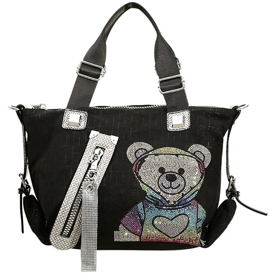 Trendy Teddy Bear Appliqué Shoulder Bag in Black 60247