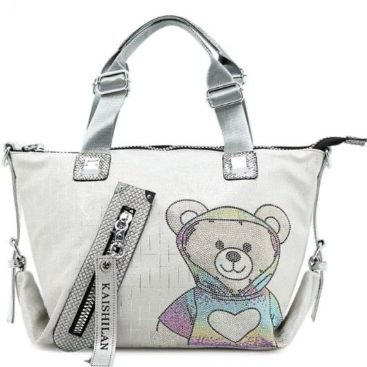 Trendy Teddy Bear Appliqué Shoulder Bag in Silver 60247