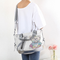Trendy Teddy Bear Appliqué Shoulder Bag in Silver 60247