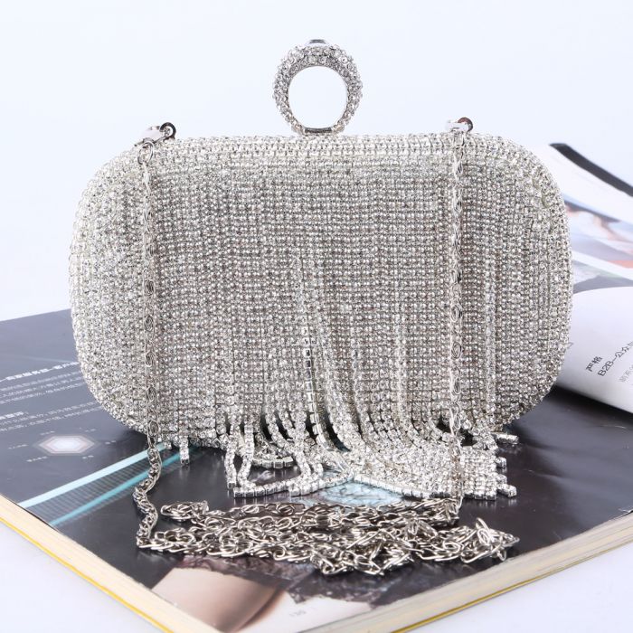 Tassels crystal clutch bag with ring detail in Silver