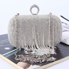 Tassels crystal clutch bag with ring detail in Silver