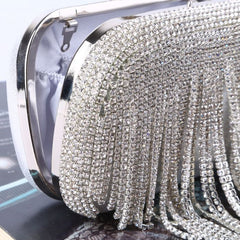 Tassels crystal clutch bag with ring detail in Silver