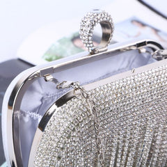 Tassels crystal clutch bag with ring detail in Silver