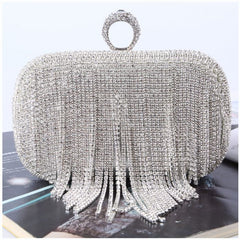 Tassels crystal clutch bag with ring detail in Silver