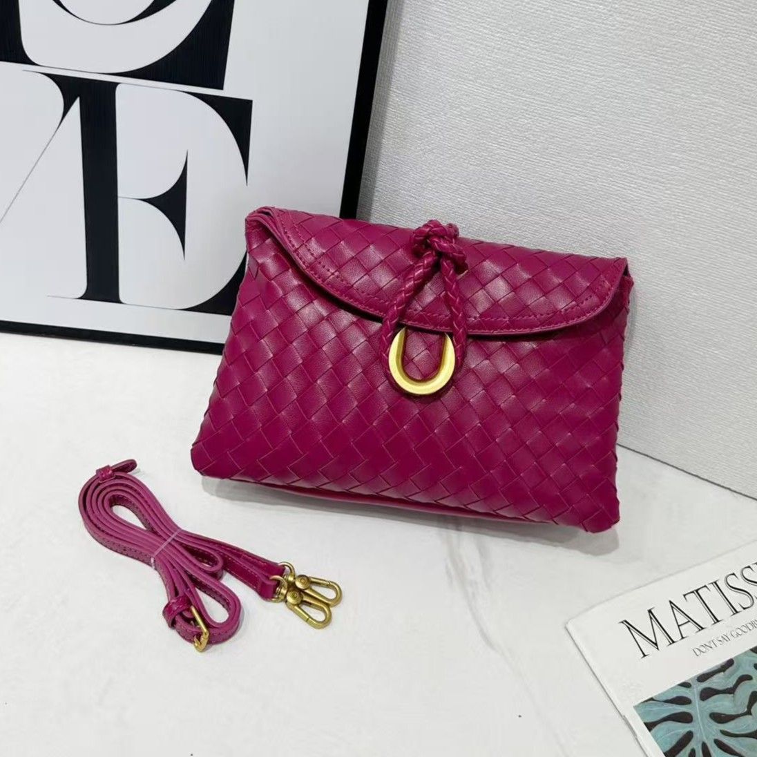 Women Woven Crossbody Bag with Gold Accent