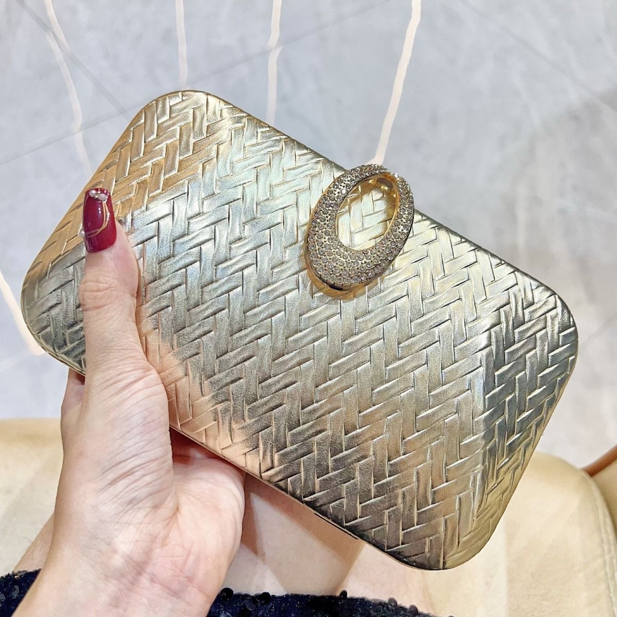 Woven Gold Clutch with Crystal Ring Detail