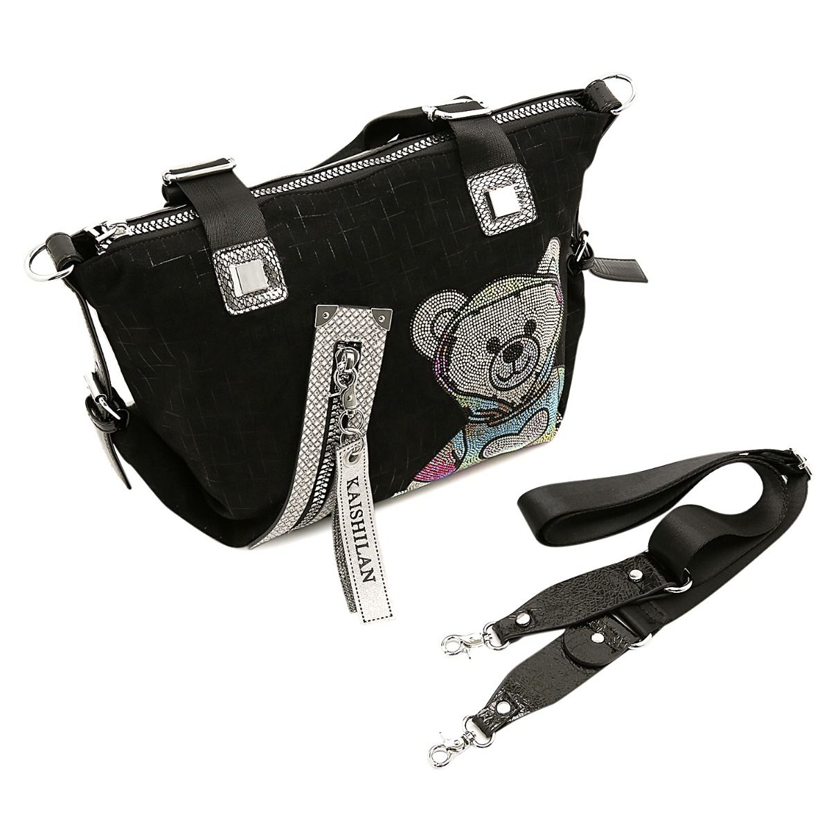 Trendy Teddy Bear Appliqué Shoulder Bag in Black 60247