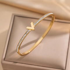 Crystal V Detail stainless steel Bangle in Gold
