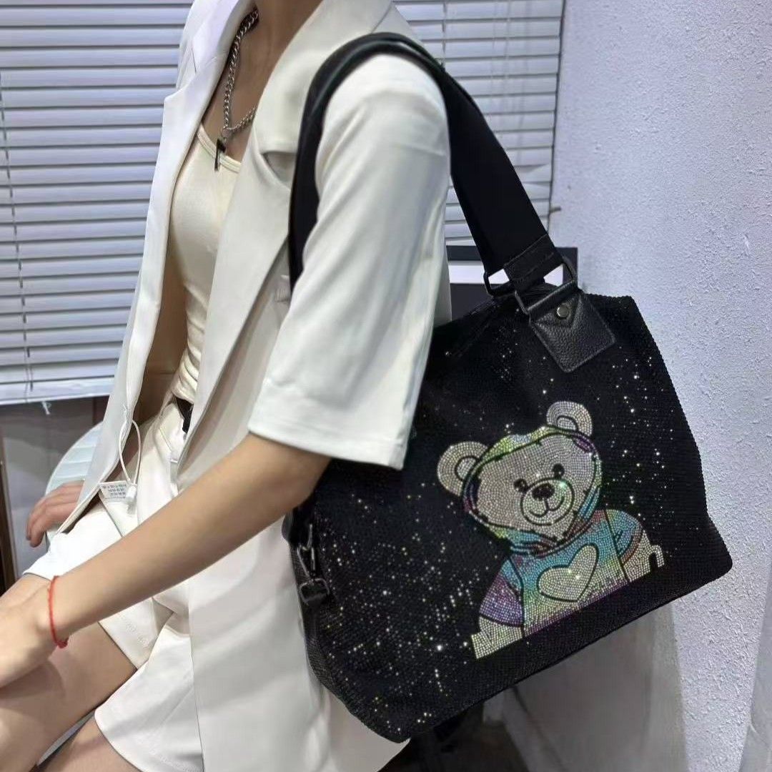 Elegant Black Rhinestone Handbag with Rainbow Teddy Bear 59873
