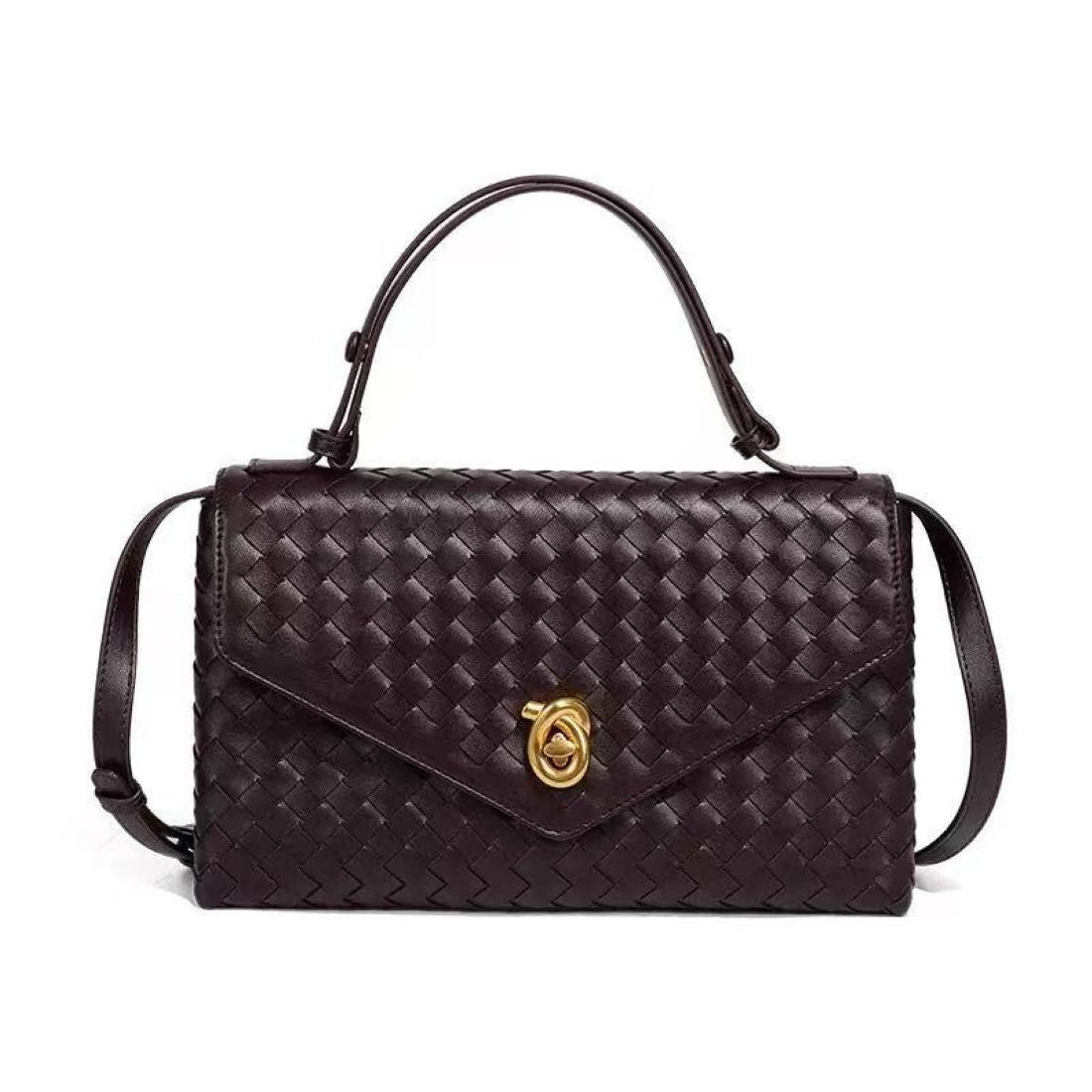 Woven Faux Leather Top Handle Bag with Gold Clasp