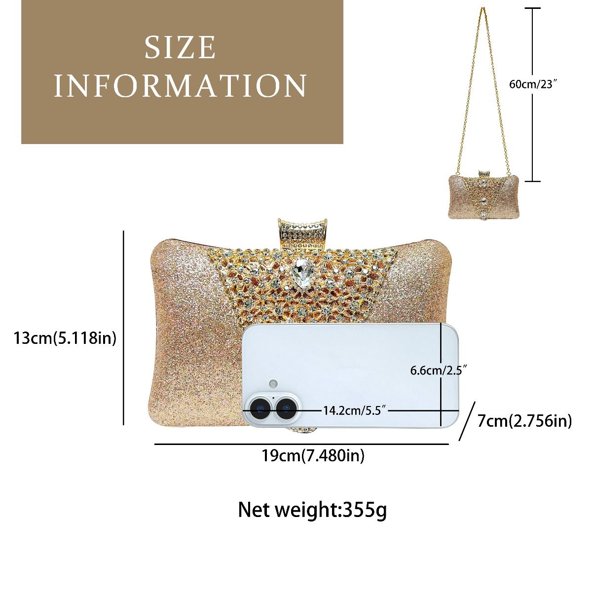 Crystals Details Evening Bag with Chain Handle sliver