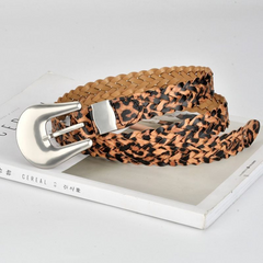 Woven Leopard Print Belt with Silver Buckle