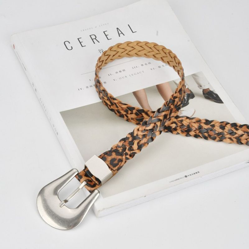 Woven Leopard Print Belt with Silver Buckle