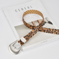 Woven Leopard Print Belt with Silver Buckle