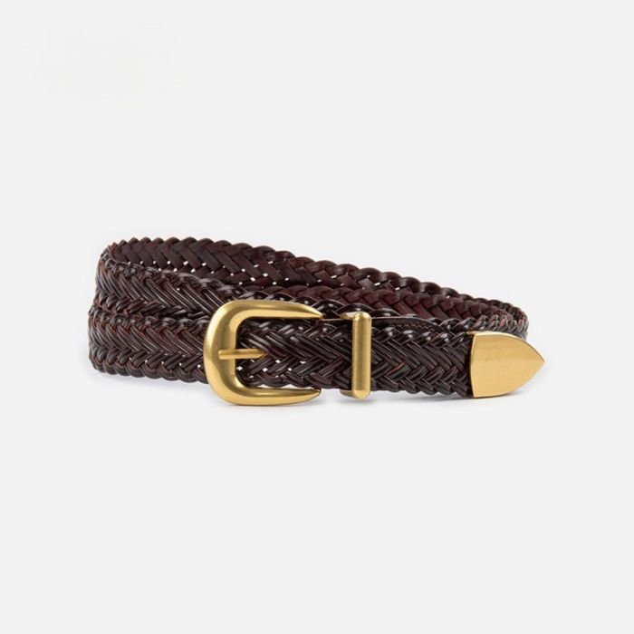 Solid Brass & Braided Faux Leather Belt in Chocolate