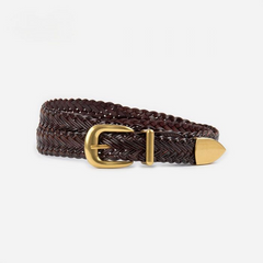Solid Brass & Braided Faux Leather Belt in Chocolate