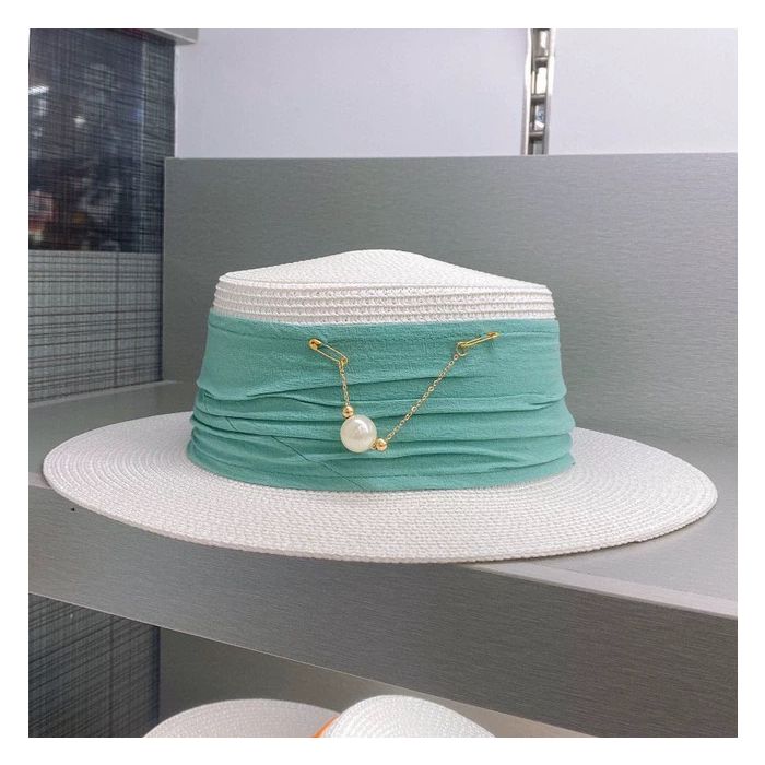 WA173 straw hat with Silk band and pearl detail in Turquoise