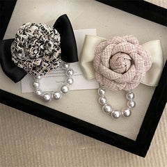 Vintage Camellia Brooch with Pearl Accents in Black mix 1567