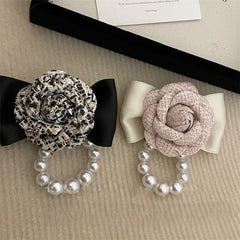 Vintage Camellia Brooch with Pearl Accents in Black mix 1567