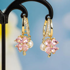 EUR412 Hoop Earrings with Gemstone Flowers and Pearls in Pink