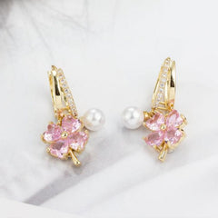 EUR412 Hoop Earrings with Gemstone Flowers and Pearls in Pink
