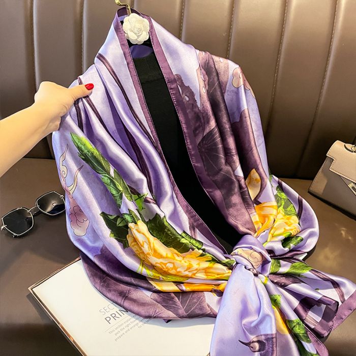 TT280 Floral Spring garden scenery satin scarf in Lilac